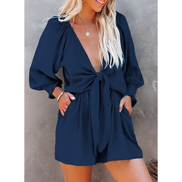 Long Sleeve Tie Knot Front V Neck Navy Blue Romper Sz L - Picture 1 of 8